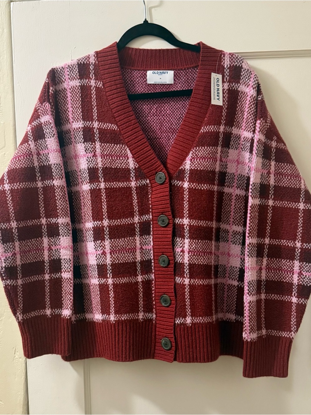 Old Navy Women's Red & Pink Plaid Button-Up Cardigan